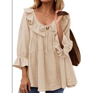 Tiered Babydoll Blouse Apricot Peach Ruffle Boho Crinkle Gauze Cottage Peasant M